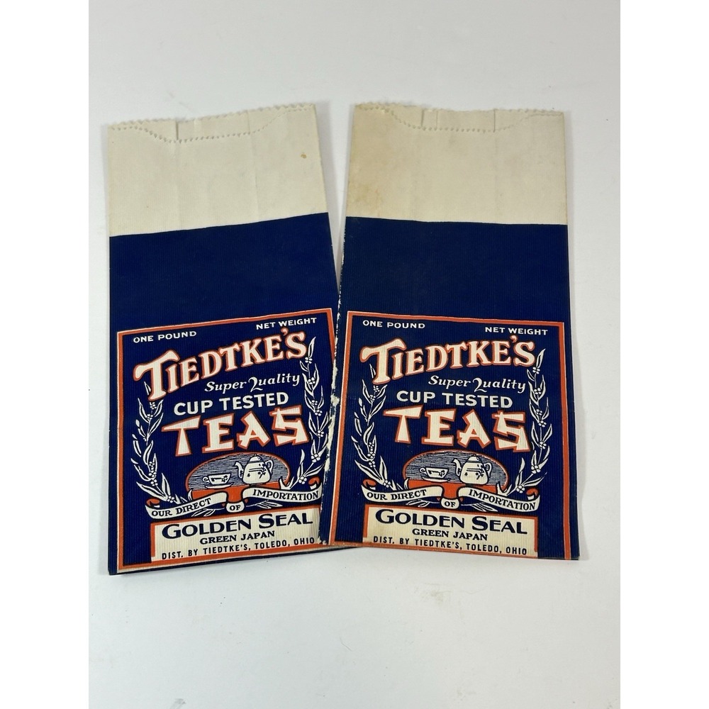 2 Vintage Tiedtke's Super Quality Teas One Pound Souvenir Bag Ephemera Ohio USA